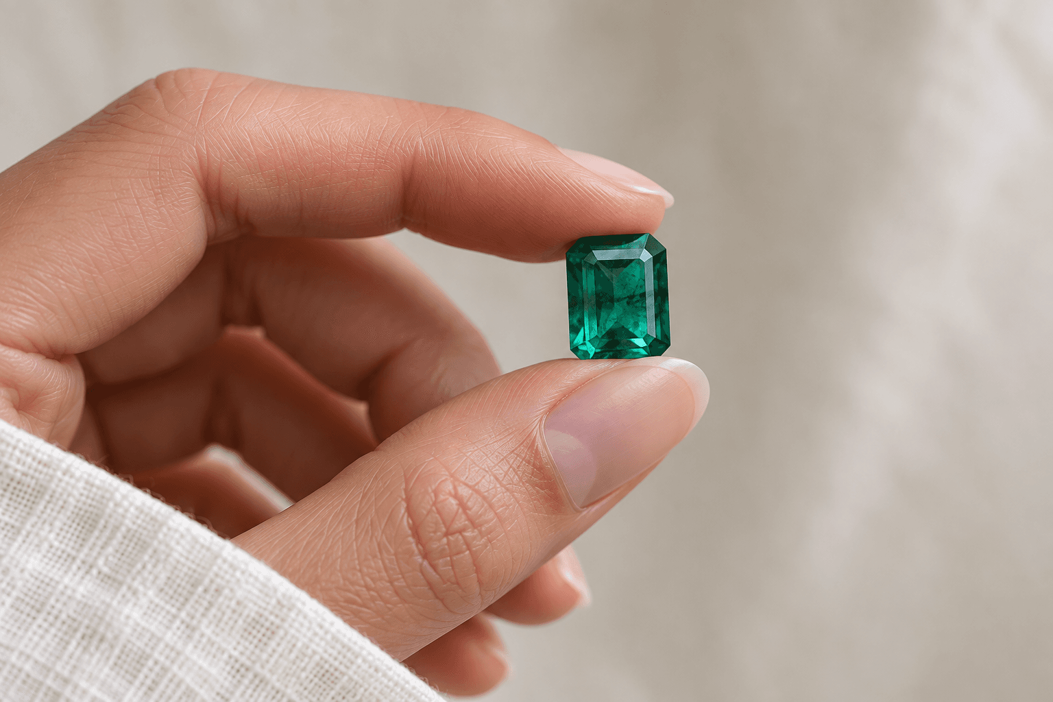 Tay cầm viên Emerald xanh lục trên nền sáng
