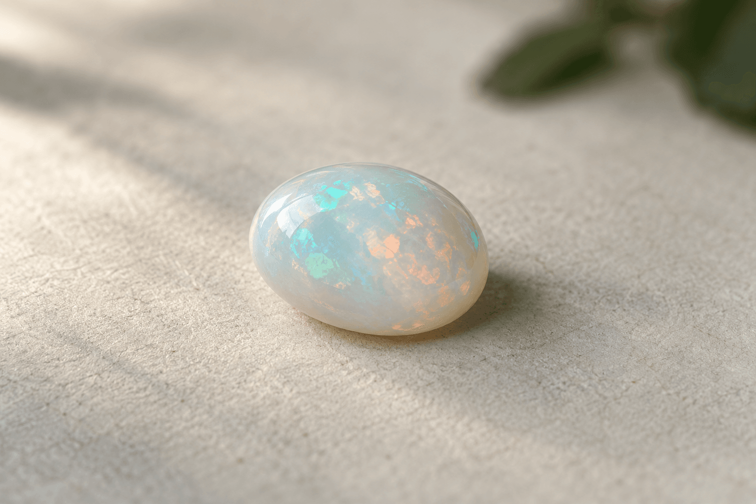 Ảnh minh họa bằng AI về một viên Opal nhiều màu trên nền sáng trung tính.
