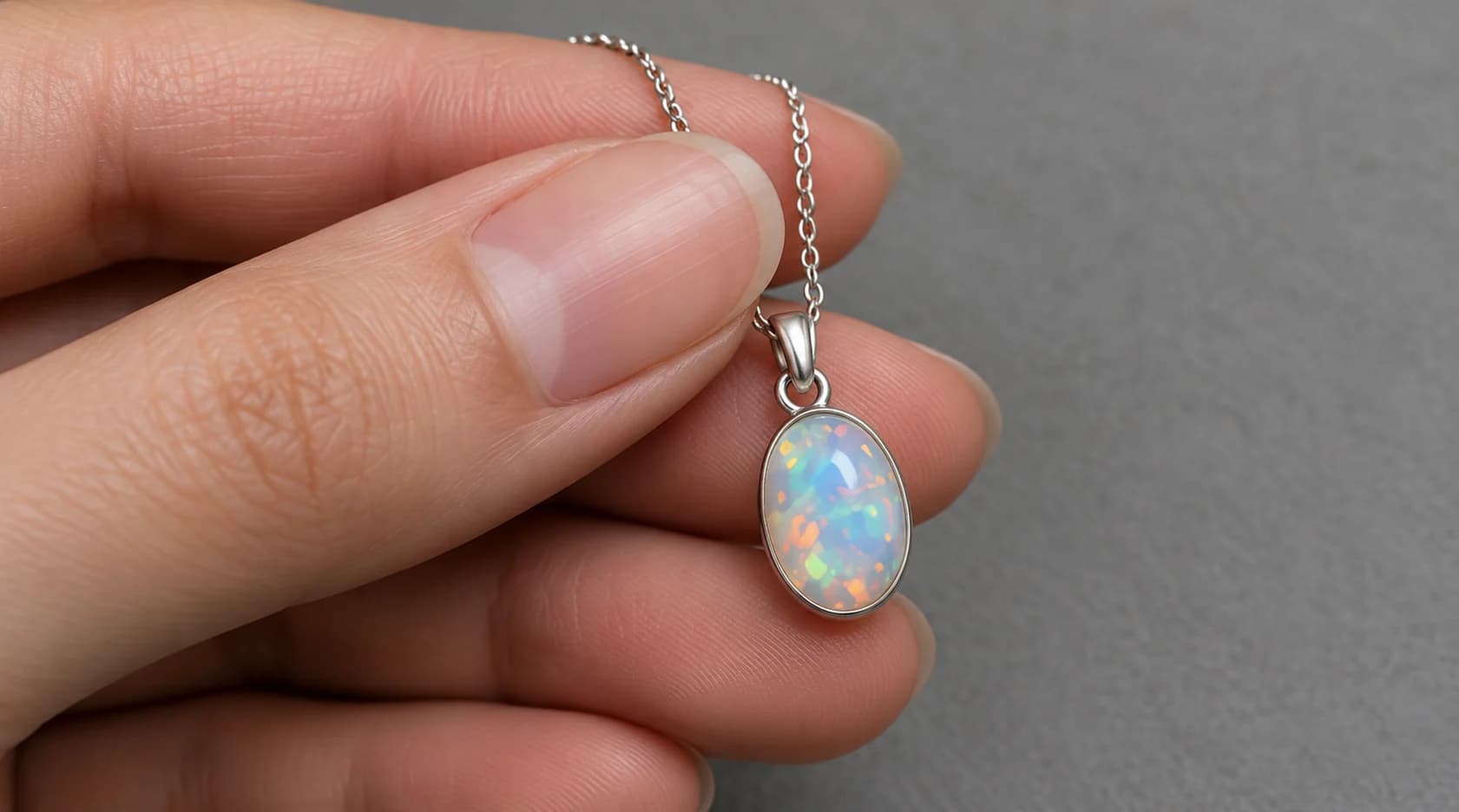 Bàn tay cầm mặt dây chuyền Opal GEME trên nền xám.