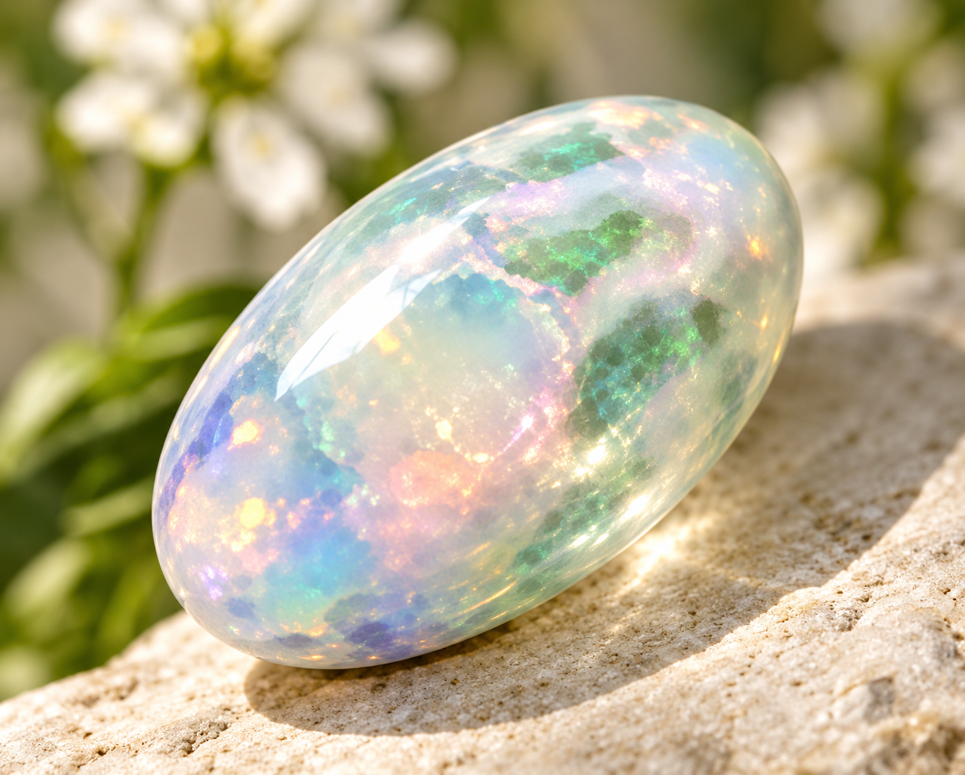 Viên Opal thiên nhiên nhiều sắc màu trên nền đá sáng