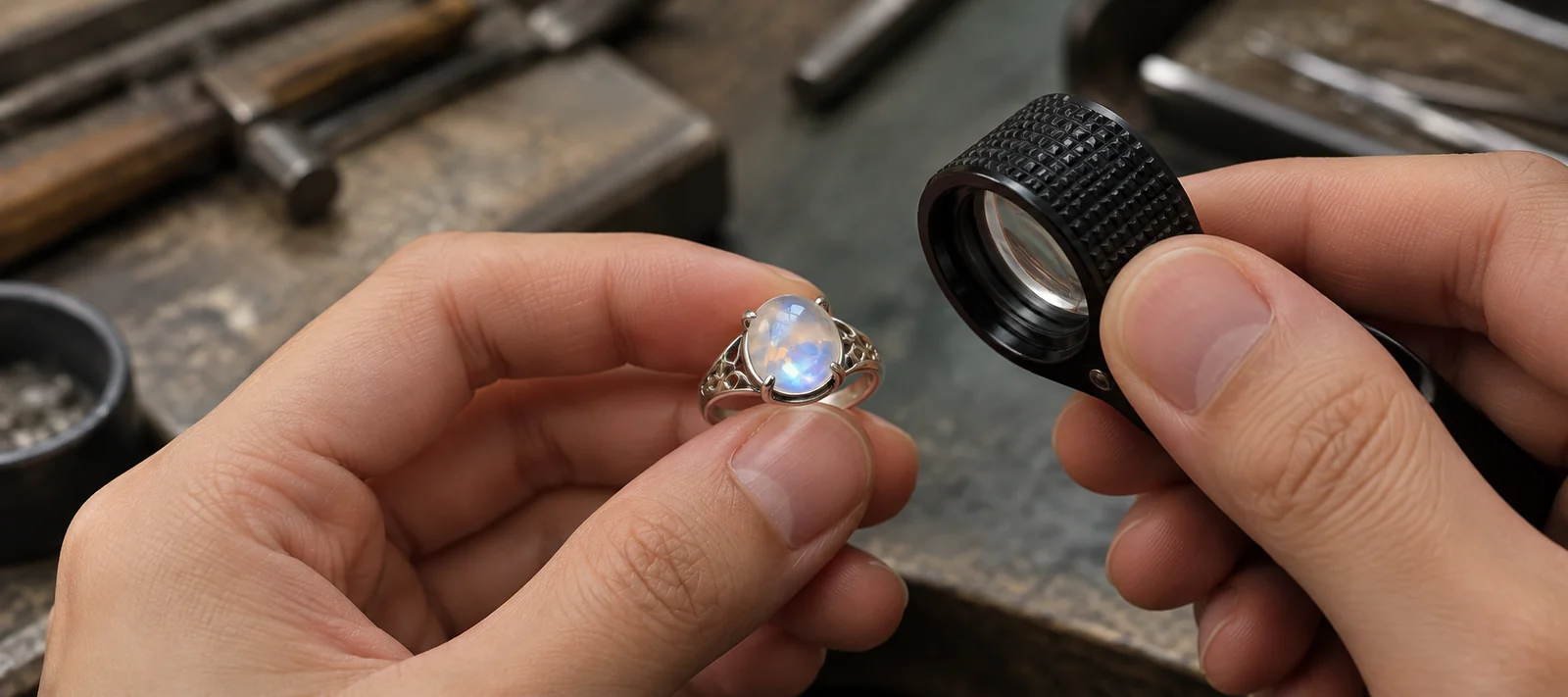 Nghệ nhân kiểm tra chiếc nhẫn Opal trong quá trình chế tác